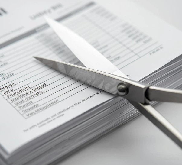 Schere deutet Kostensenkung an, in dem Rechnungen zerschnitten werden für Tools, die nicht mehr benötigt werden