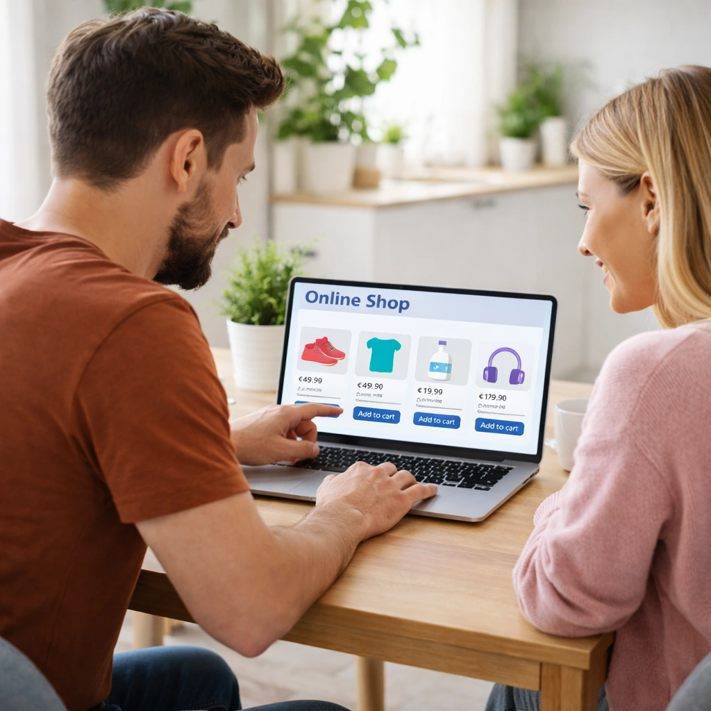 Unternehmerpaar auf der Suche nach dem geeigneten Shopsystem