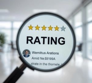 Bewertung mit Lupe, fokussiert auf Sterne-Bewertung