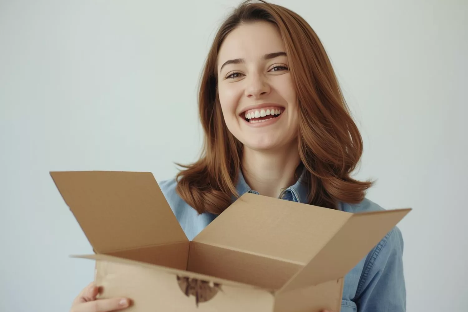 Glückliche Kundin mit geöffnetem Paket nach ihrem Online-Einkauf