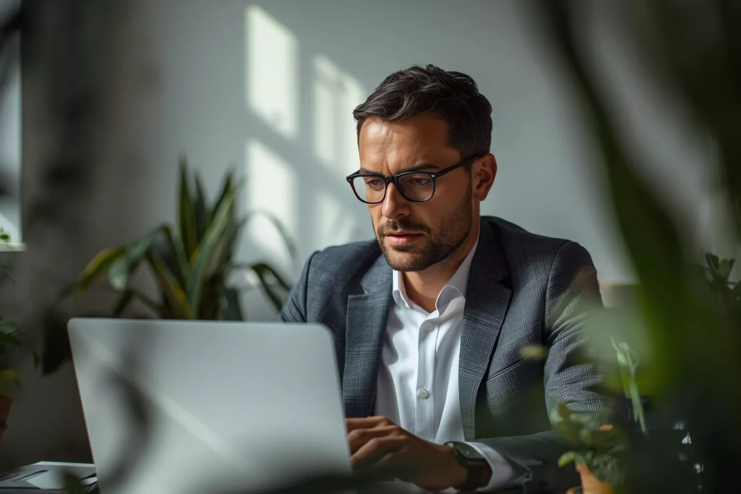 Unternehmer am Laptop lässt unberechtige Bewertung löschen