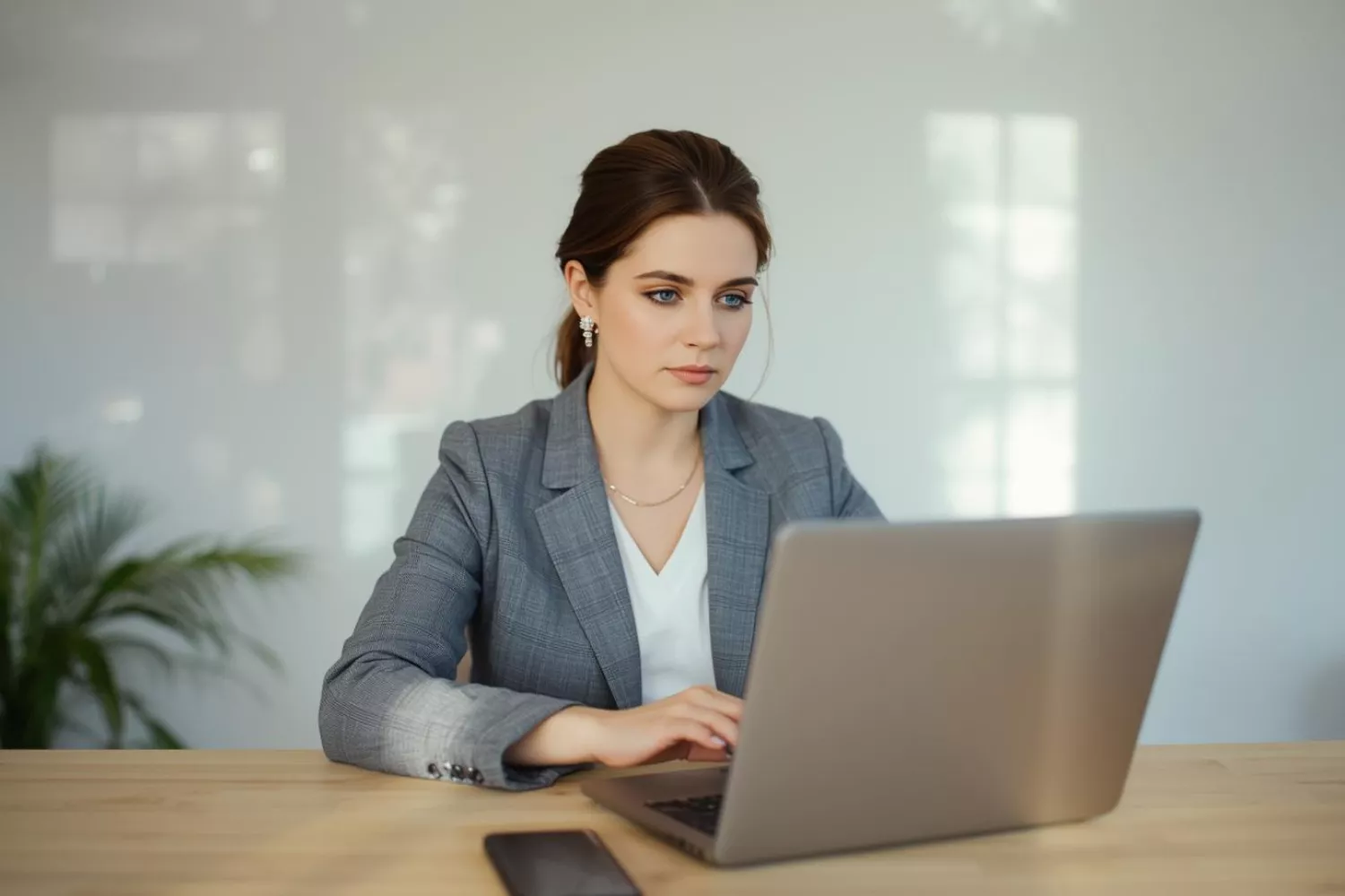 Unternehmerin sitzt am Laptop in ihrem Büro und antwortet professionell auf eine negative Bewertung