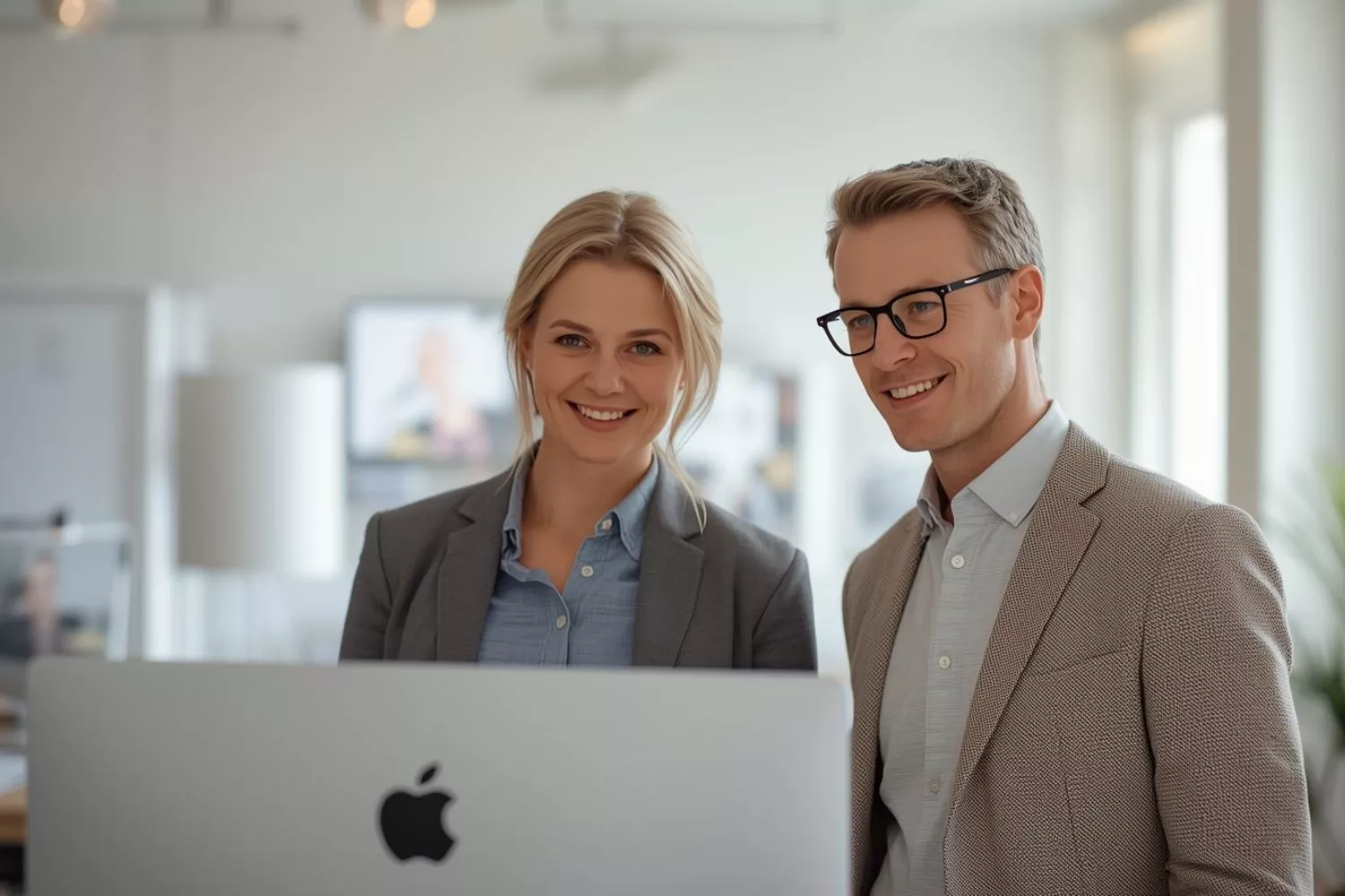 Unternehmer-Paar schaut auf eine barrierefreie Website