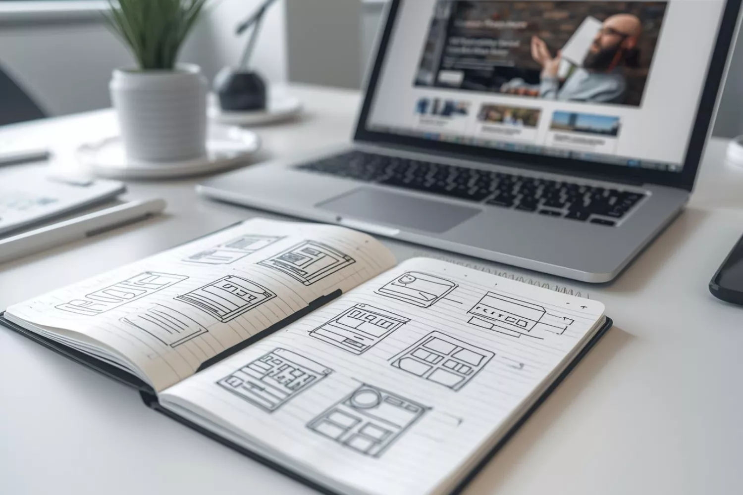 Notizbuch mit Entwurfsskizzen einer Website auf einem Schreibtisch mit Laptop im Hintergrund