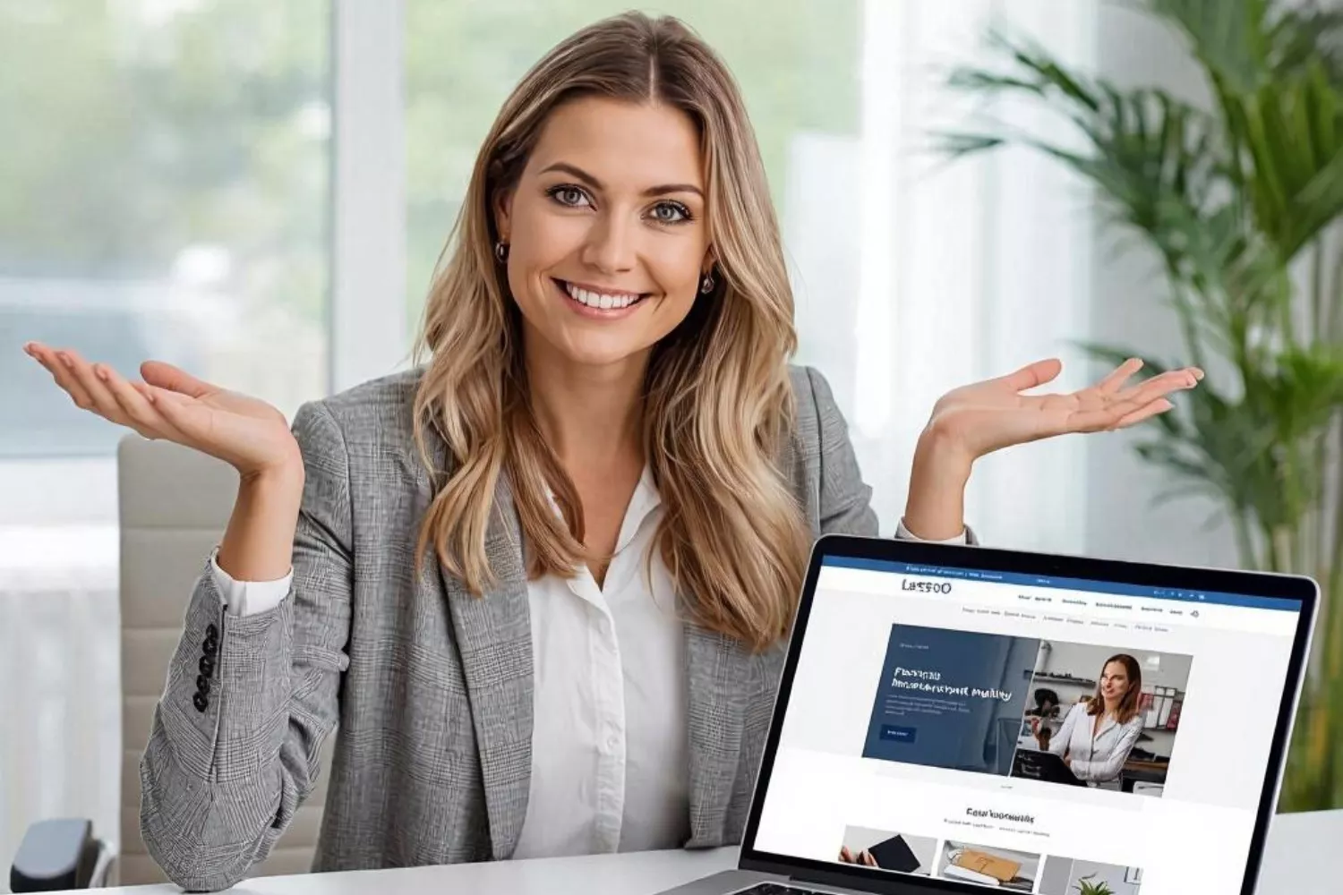 Unternehmerin am Schreibtisch mit geöffneter Website auf ihrem Laptop. Sie freut sich, wie einfach sie durch Empfehlungen unserer Website-Pakete sich ein zusätzliches Einkommen generiert,