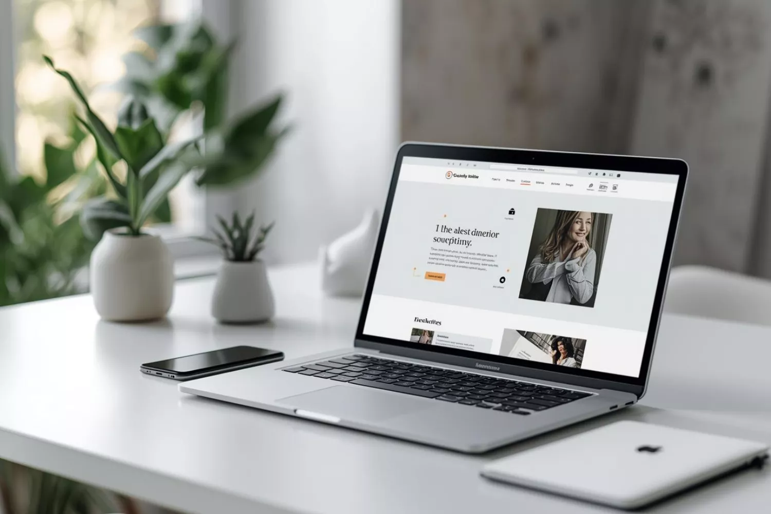 Geöffneter Laptop zeigt Website, daneben Smartphone, Tablet und Deko.