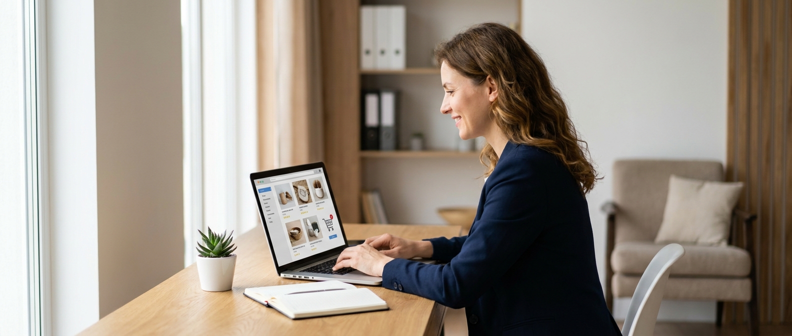 Europäische Unternehmerin arbeitet in ihrem hellen Homeoffice an Website und Online-Shop