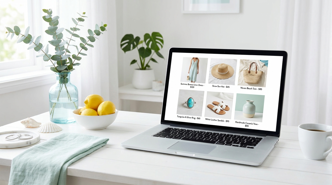 Online-Shop mit Mode, Schmuck, Sommerschuhen und Handmade-Artikeln auf einem Laptop in einem hellen, frischen Homeoffice mit kühler Farbgebung in Mint, Hellblau und Eukalyptusgrün