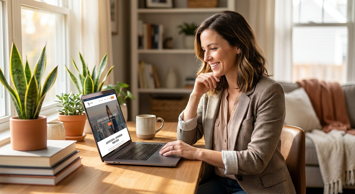 Lächelnde Unternehmerin um die 30 bis 40 Jahre arbeitet konzentriert am Laptop, auf dessen Bildschirm ihre eigene Website zu sehen ist, in einem hellen, liebevoll dekorierten Homeoffice mit Pflanzen und Kaffeetasse