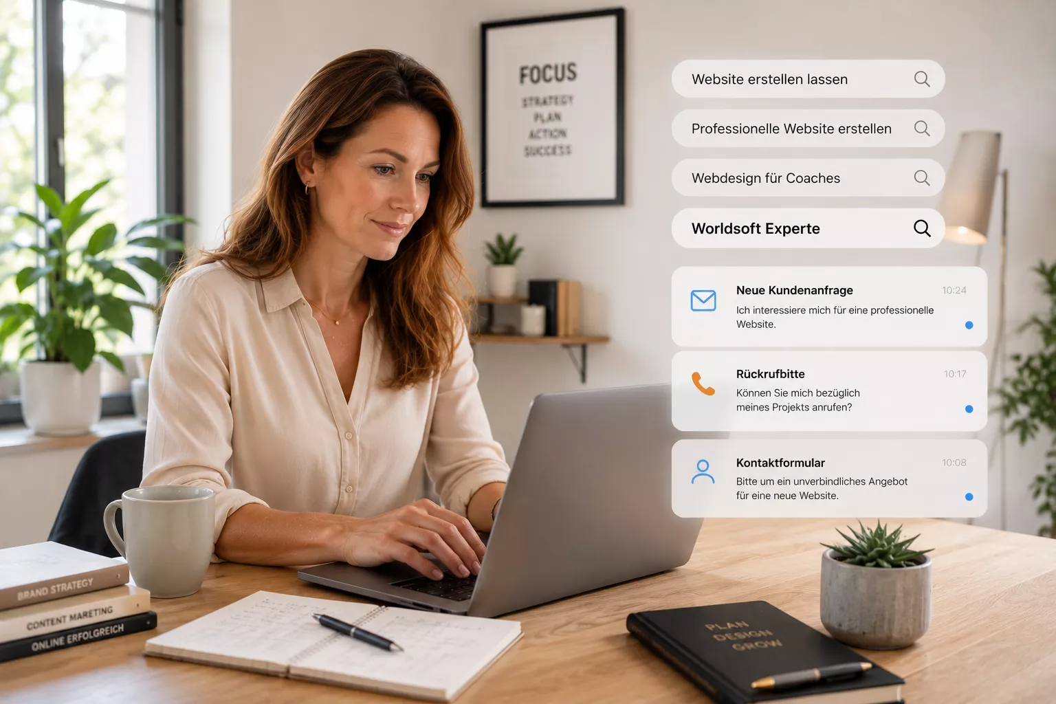 Frau am Laptop – Suchanfragen und Kundenanfragen für Selbstständige