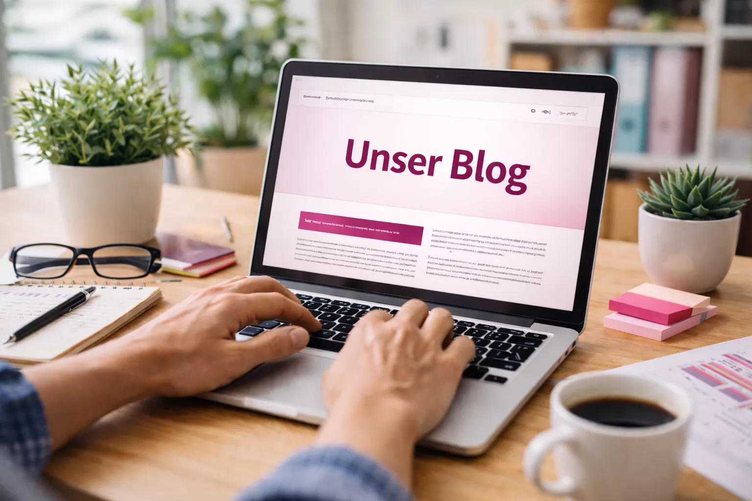 Hände tippen auf einem Laptop mit geöffnetem Blog, daneben Notizbuch, Brille und Kaffeetasse auf einem hellen Schreibtisch