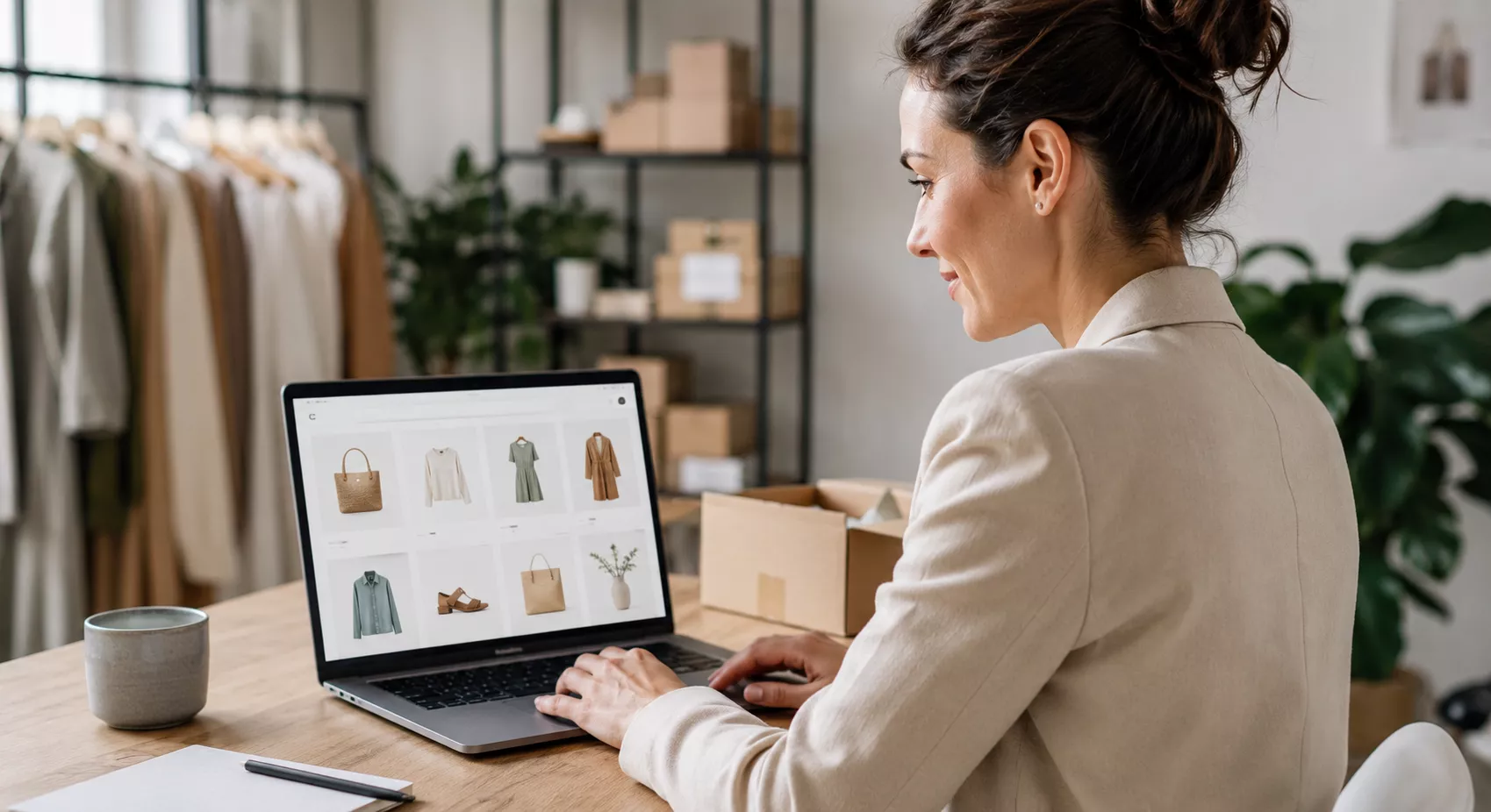 Lächelnde Unternehmerin arbeitet am Laptop an ihrem Online-Shop mit einer Produktübersicht, im Hintergrund Kleiderstange, Pflanzen und Versandkartons in einem stilvollen Atelier