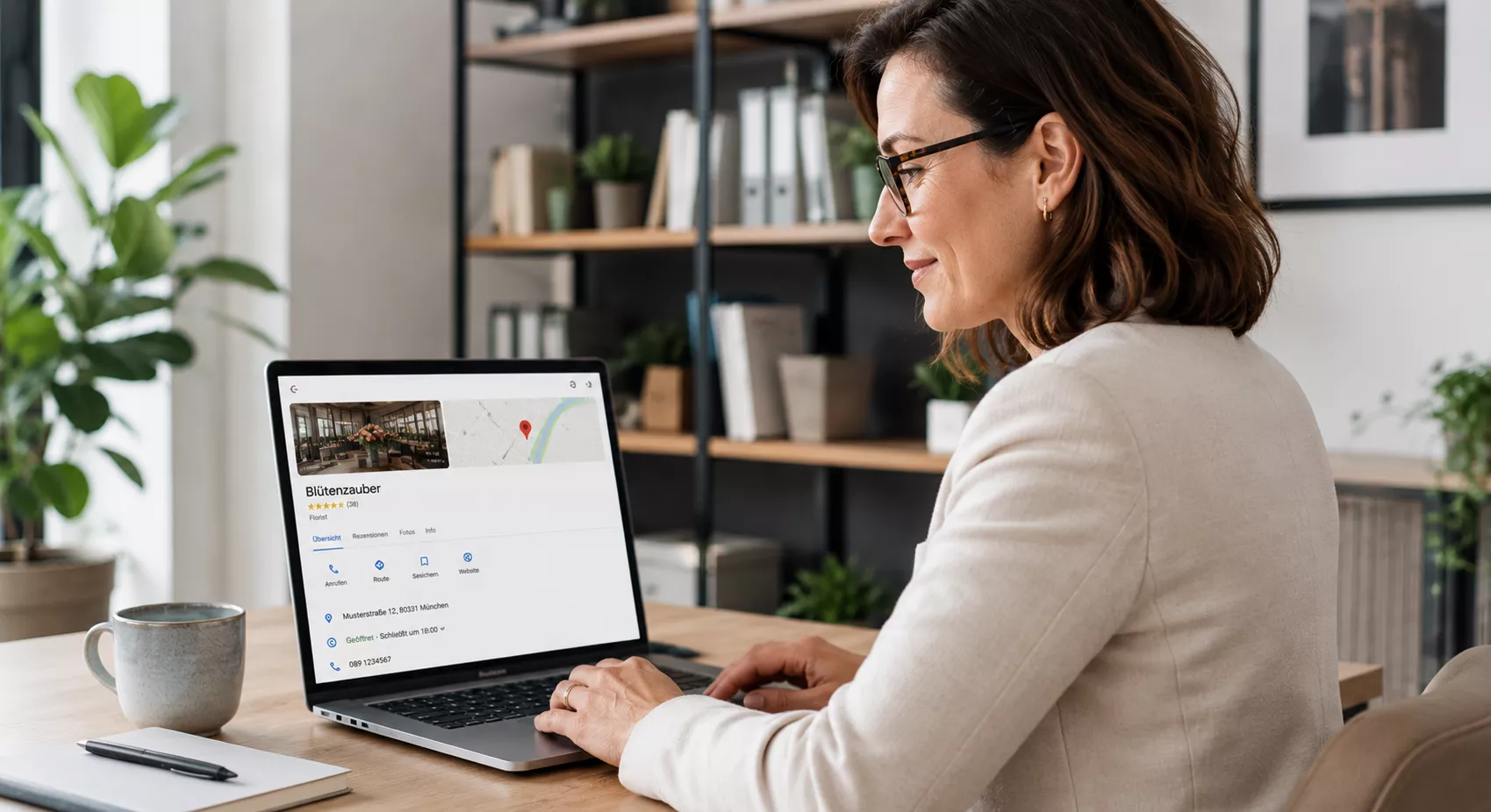 Lächelnde Unternehmerin mit Brille arbeitet am Laptop und sieht sich ihr Google Business Profil mit Bewertungen, Karte und Öffnungszeiten an, in einem hellen, stilvoll eingerichteten Homeoffice mit Pflanzen und Bücherregal