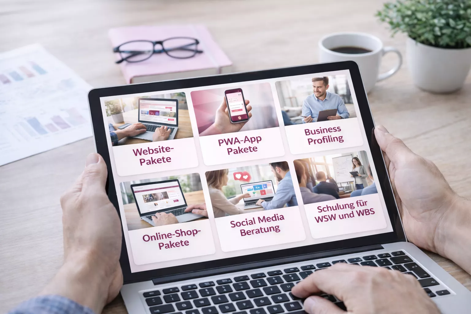 MacBook zeigt eine Übersichtsseite mit Website-Paketen, PWA-App-Paketen, Business Profiling, Online-Shop-Paketen, Social Media Beratung und Schulungen