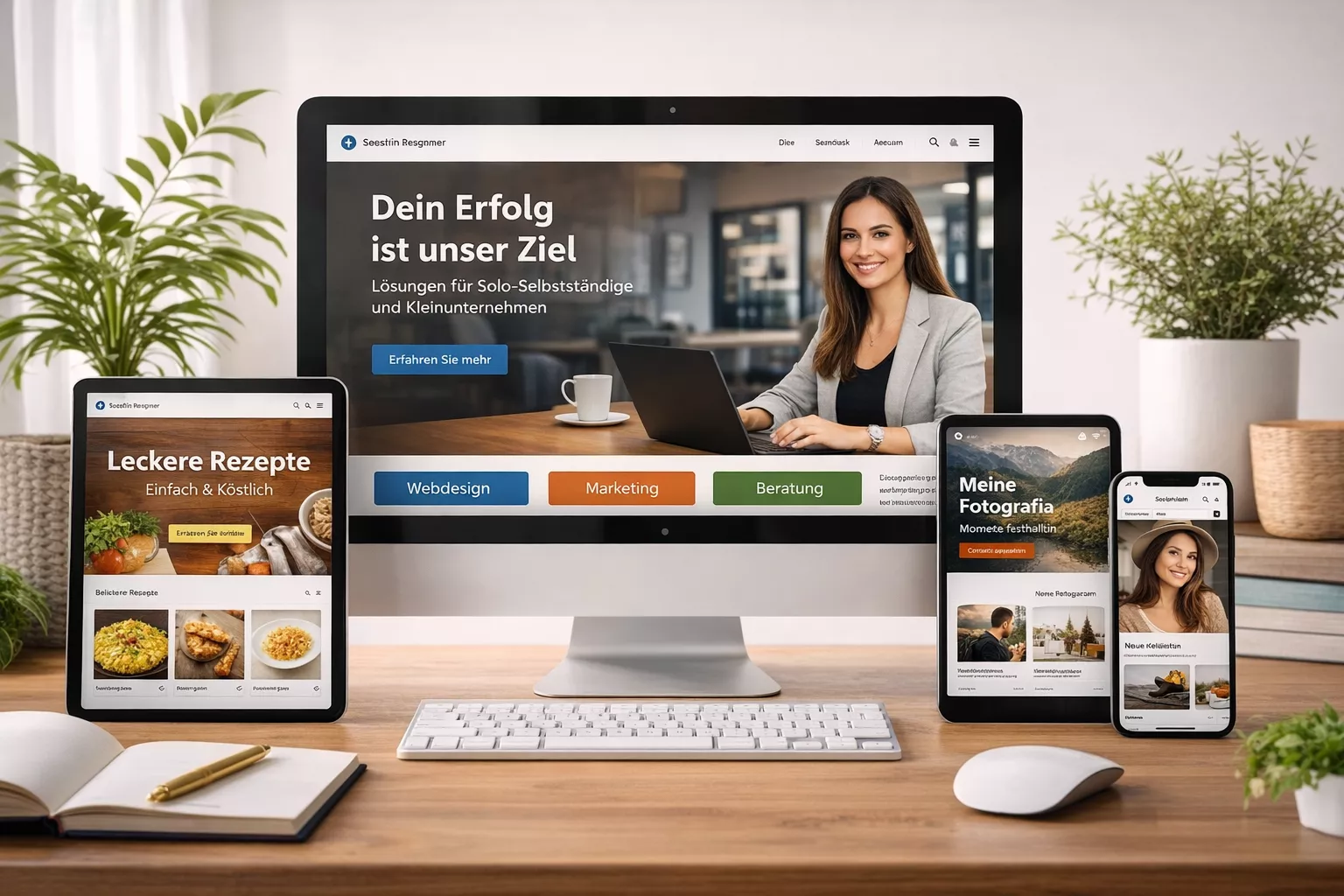 Responsive Website-Darstellung auf Desktop-Bildschirm, Tablet und Smartphone auf einem hellen Schreibtisch