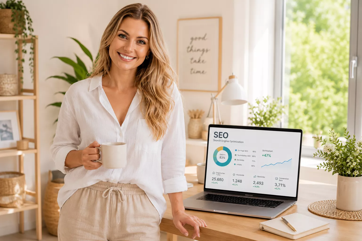 Lächelnde Frau in weißer Bluse steht mit Kaffeetasse in einem hellen, modernen Homeoffice neben einem Laptop, der ein SEO-Dashboard mit Sichtbarkeit, Keywords, Backlinks und Conversion Rate zeigt