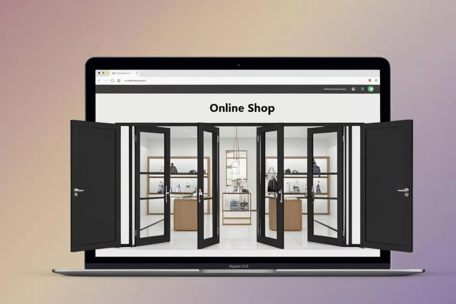 Laptop mit geöffnetem Online-Shop, dessen Bildschirm sich wie eine Boutique mit aufgehenden Türen präsentiert