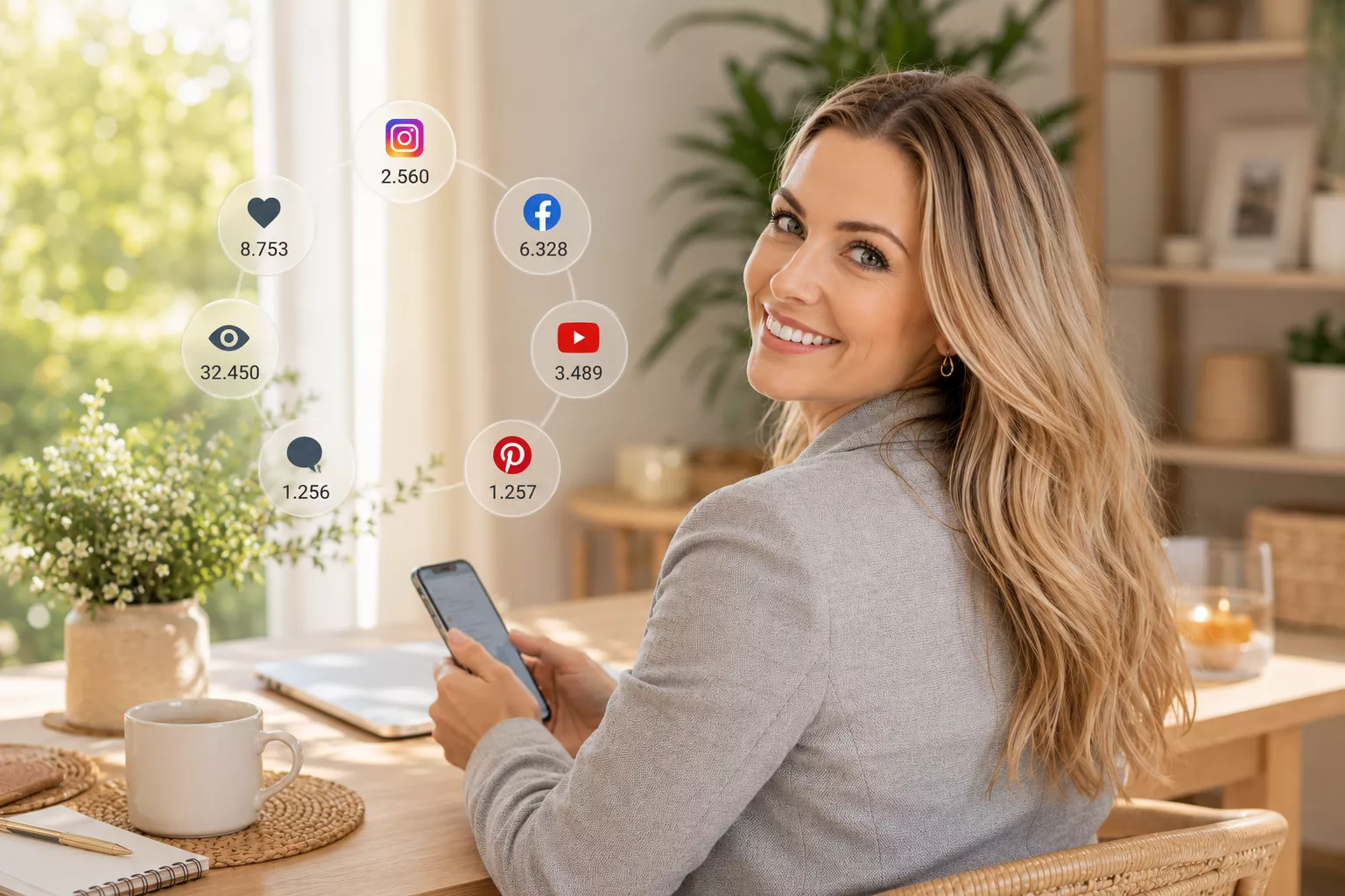 Lächelnde Frau dreht sich am Schreibtisch um und hält ein Smartphone in der Hand; um sie herum schweben Symbole von Instagram, Facebook, YouTube und Pinterest mit Reichweiten- und Interaktionszahlen