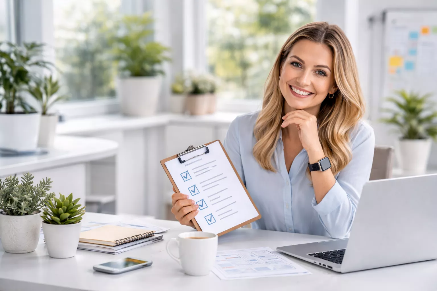 Lächelnde Frau in hellblauer Bluse sitzt in einem modernen, hellen Büro am Schreibtisch und zeigt ein Klemmbrett mit einer Checkliste, daneben Laptop und Kaffeetasse