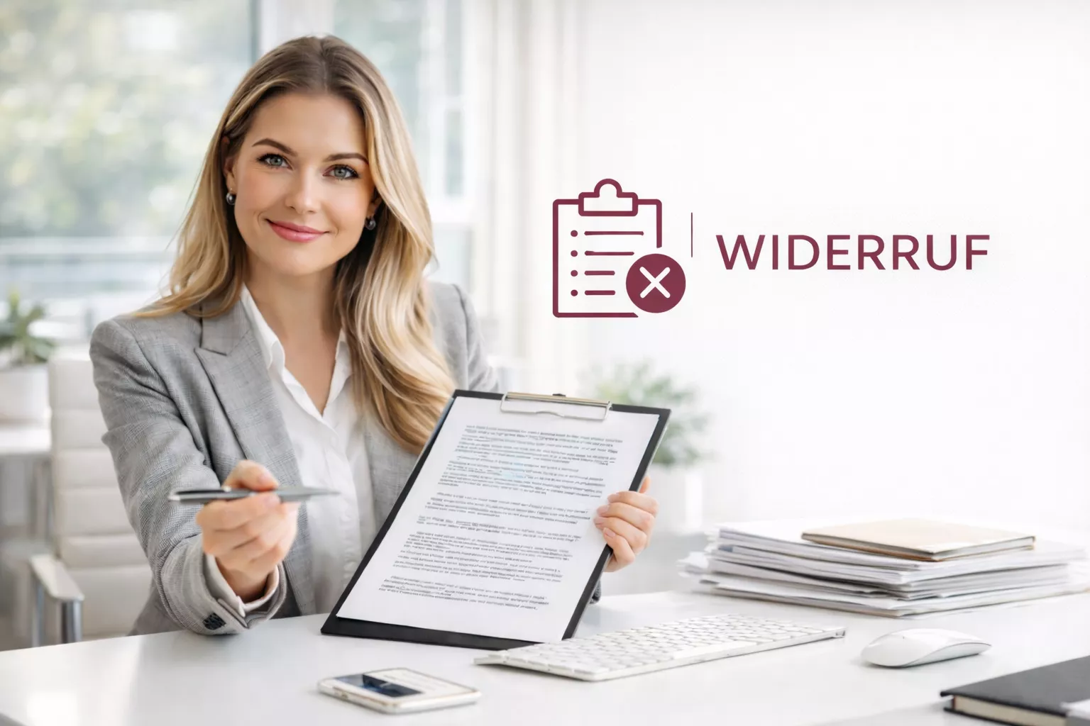 Lächelnde Unternehmerin im grauen Blazer sitzt am hellen Schreibtisch, hält ein Klemmbrett mit einem Vertragstext und reicht einen Stift, daneben ein Widerruf-Symbol mit Klemmbrett-Icon und rotem X sowie der Schriftzug Widerruf