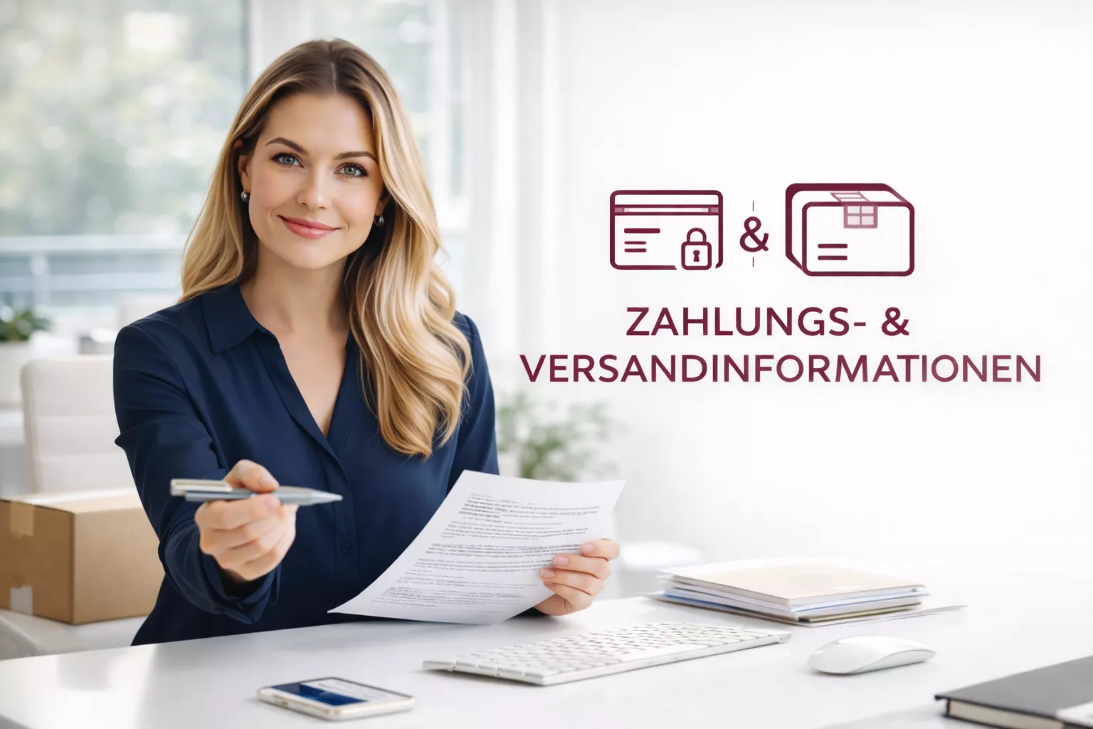 Lächelnde Unternehmerin in dunkelblauer Bluse sitzt am hellen Schreibtisch, reicht ein Dokument und einen Stift, daneben ein Versandkarton sowie Symbole einer Kreditkarte mit Schloss und eines Pakets mit dem Schriftzug Zahlungs- und Versandinformationen