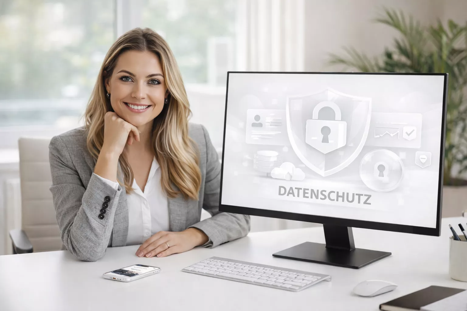 Lächelnde Unternehmerin im grauen Blazer sitzt am hellen Schreibtisch neben einem Monitor mit Datenschutz-Grafik – Schild mit Schloss-Symbol, Profil-Karten und Schriftzug Datenschutz – sowie Tastatur, Smartphone und Maus