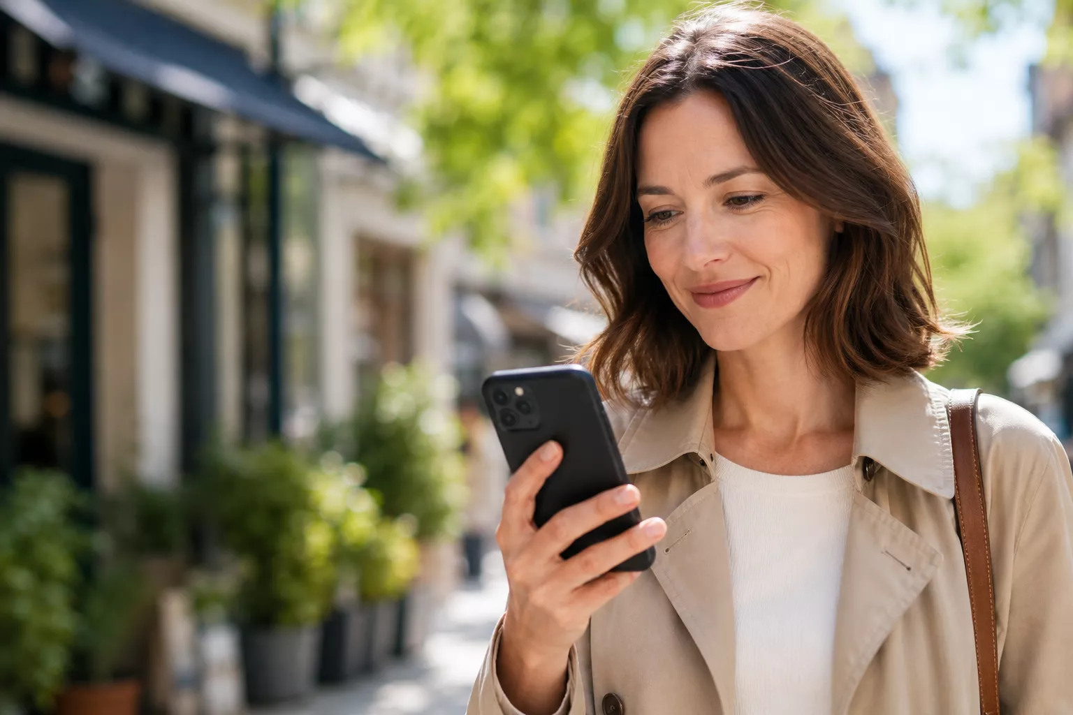 Frau schaut lächelnd auf ihr Smartphone während sie durch eine sonnige Einkaufsstraße geht