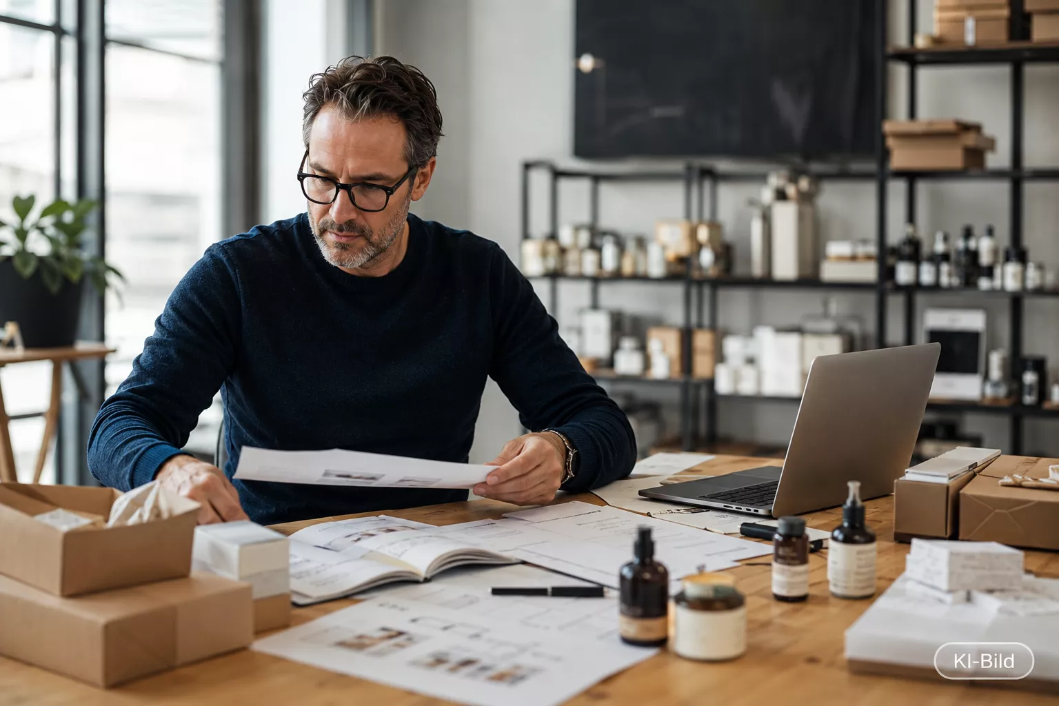 Ein Mann mit Brille sitzt konzentriert an einem Holztisch, prüft ausgedruckte Produktunterlagen und Notizen, umgeben von einem Laptop, Versandkartons und sorgfältig arrangierten Produkten vor einem Regal mit weiteren Waren.
