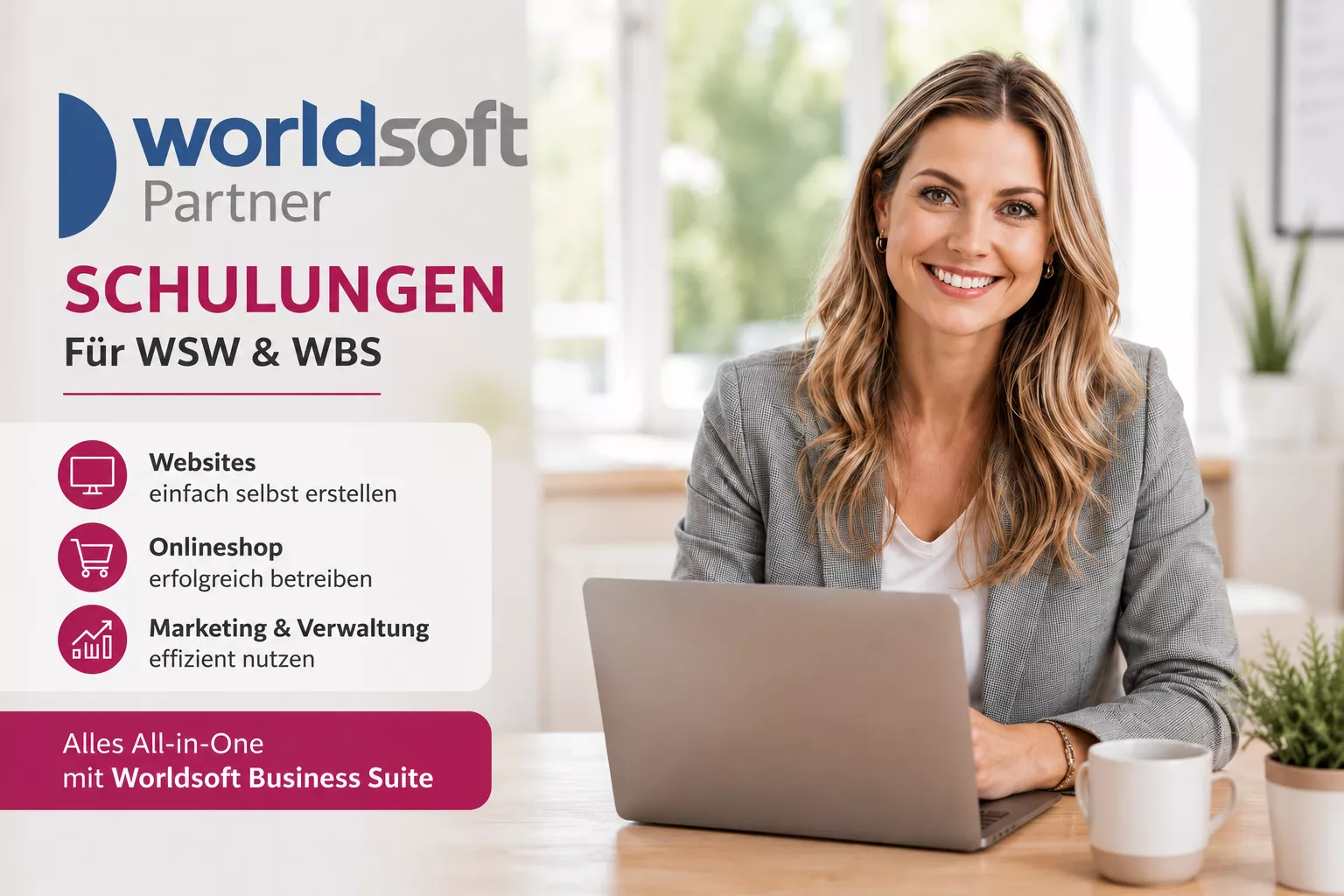 Lächelnde Unternehmerin im grauen Blazer sitzt am Laptop in einem hellen Büro, links daneben eine Grafik mit Worldsoft-Partner-Logo, Schriftzug „Schulungen für WSW & WBS