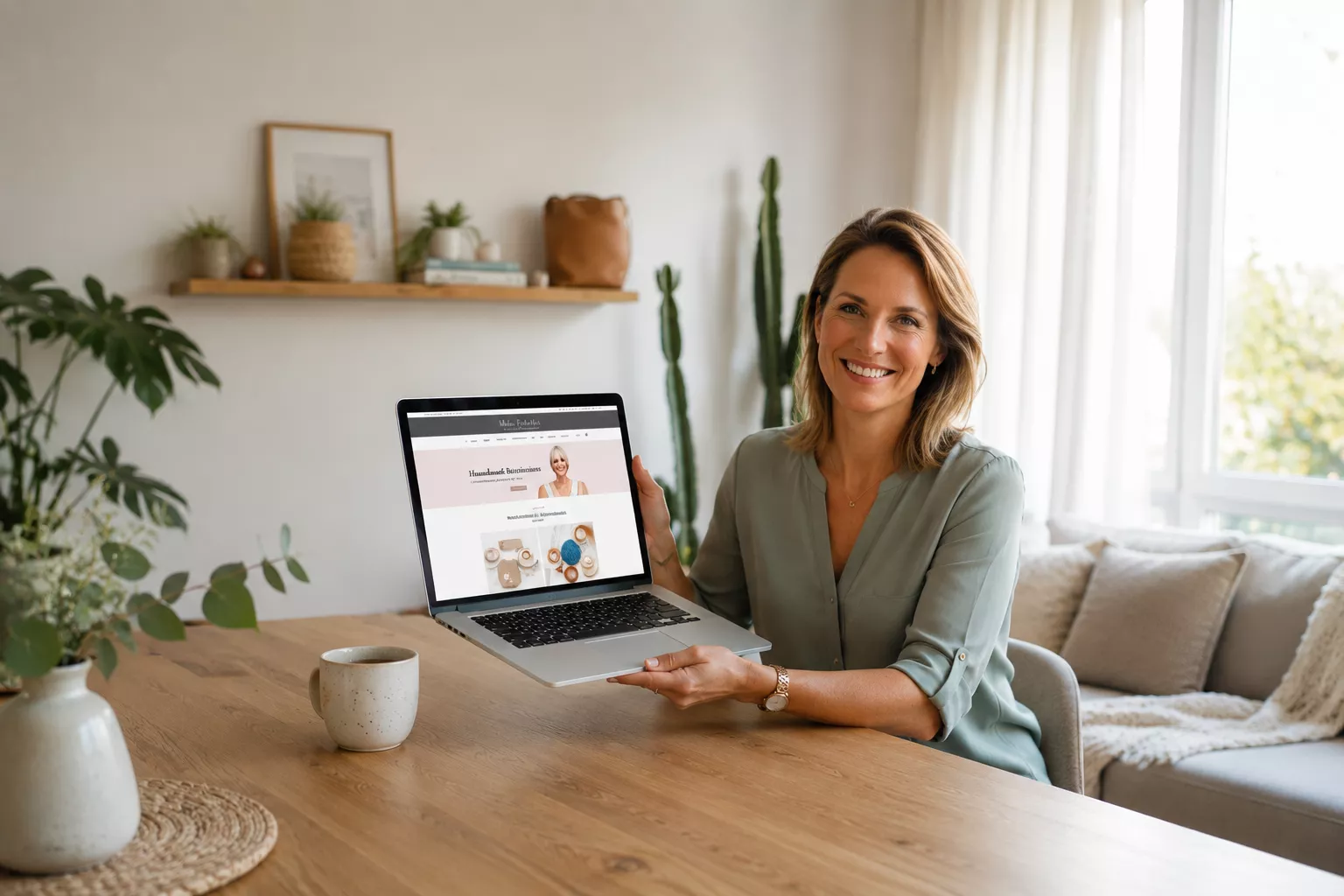 Unternehmerin präsentiert stolz ihre Website auf einem Laptop