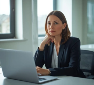 Unternehmerin am Schreibtisch sitzt vor ihrem Laptop und überlegt, ob Website selbst erstellt werden soll