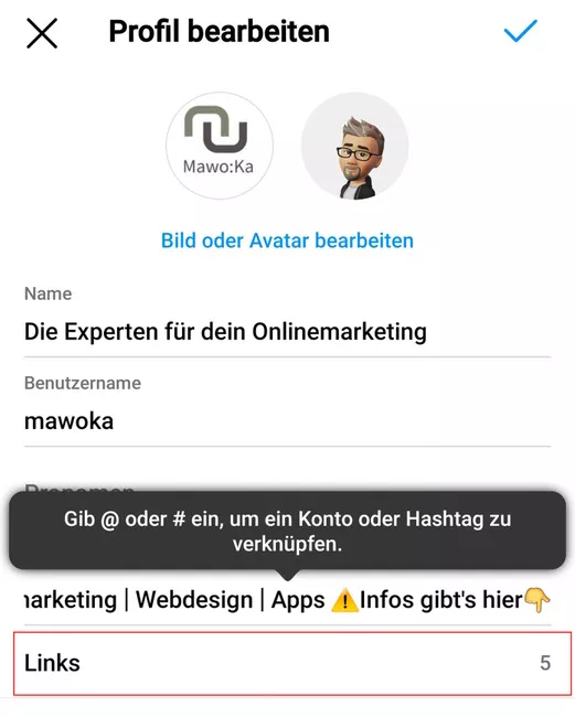 Profil bearbeiten in der Instagram Bio