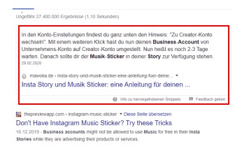 Snippet zu Position 0 bei Google