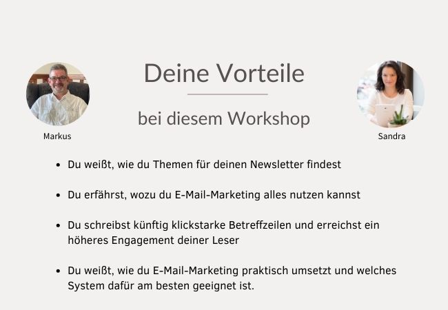 Zusammenfassung Vorteile des 2:1 Workshops, sowie jeweils ein Bild von Markus und Sandra als Dozenten