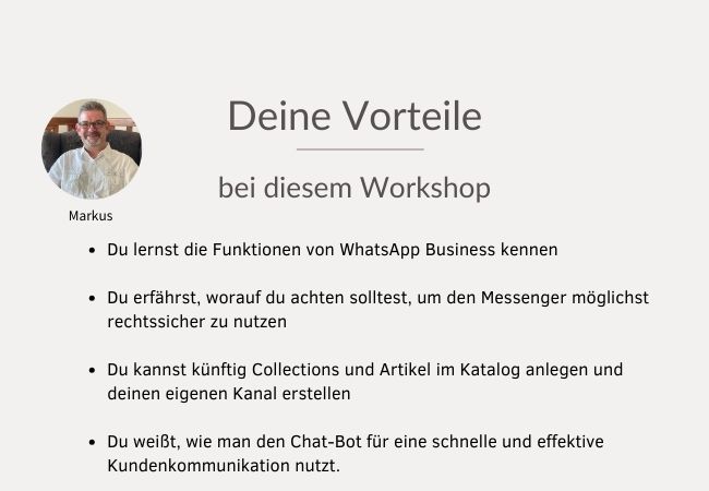 Zusammenfassung Vorteile des Workshops und ein Bild von Markus als Dozenten