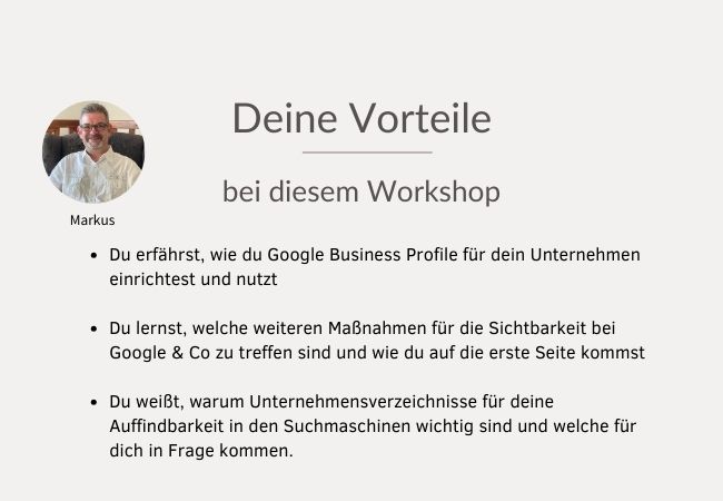 Zusammenfassung Vorteile des Workshops und ein Bild von Markus als Dozent