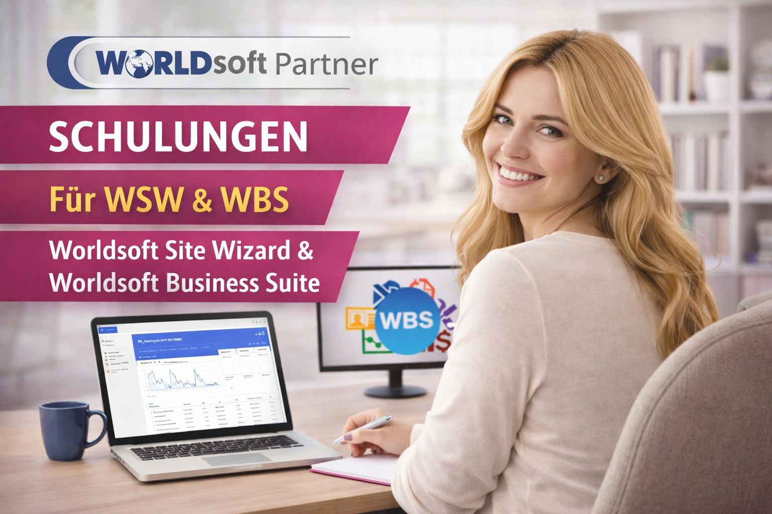 Junge Unternehmerin am Laptop nutzt unser Schulungsangebot für ihre Website